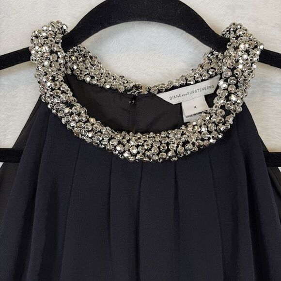 Diane Von Furstenberg Silk Lainey Embellished Dress Black w/ Silver Beads Size 4 - Picture 5 of 14